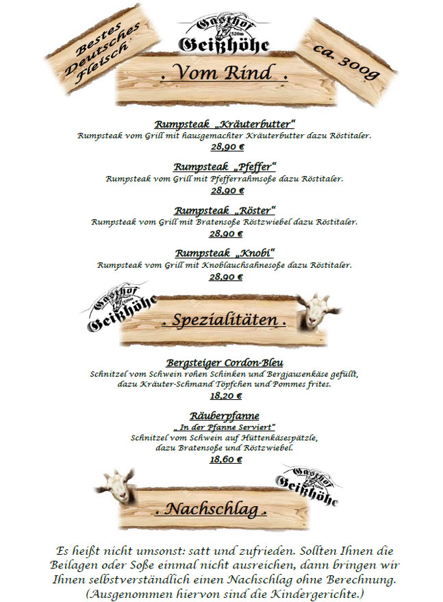 Speisekarte, zur Geißöhe