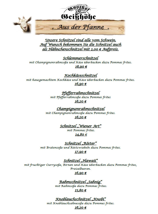 Speisekarte, zur Geißöhe